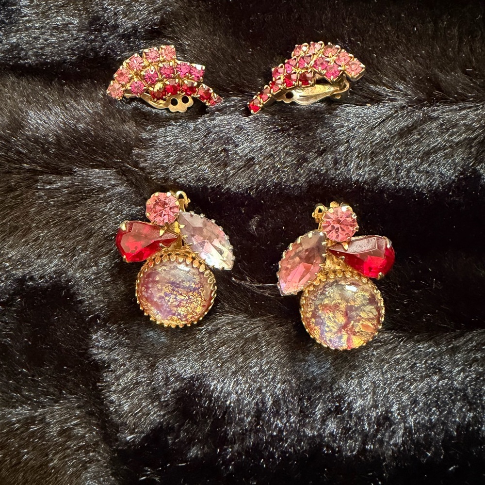 Vintage Pink & Red Prong Set Earrings Rhinestones & Resin Cabochon Earrings